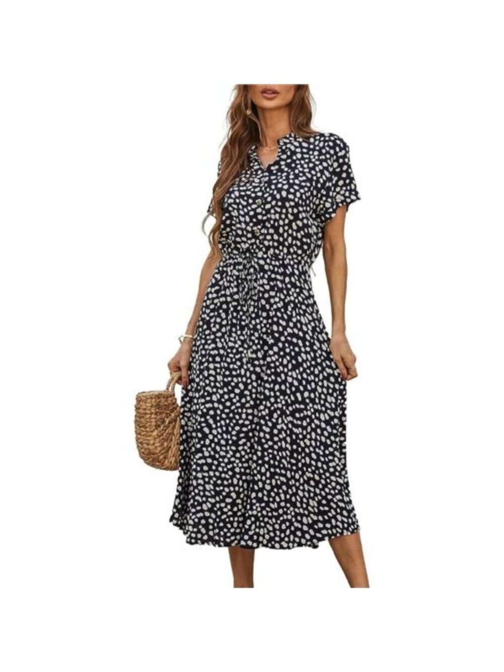 Women's Summer Vintage Short Sleeve Button Down Midi Dress, Dark Blue